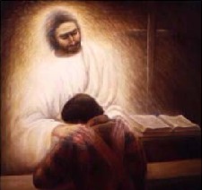 Cristo, con misericordia, impone sus manos a un hombre arrepentido que está de rodillas.